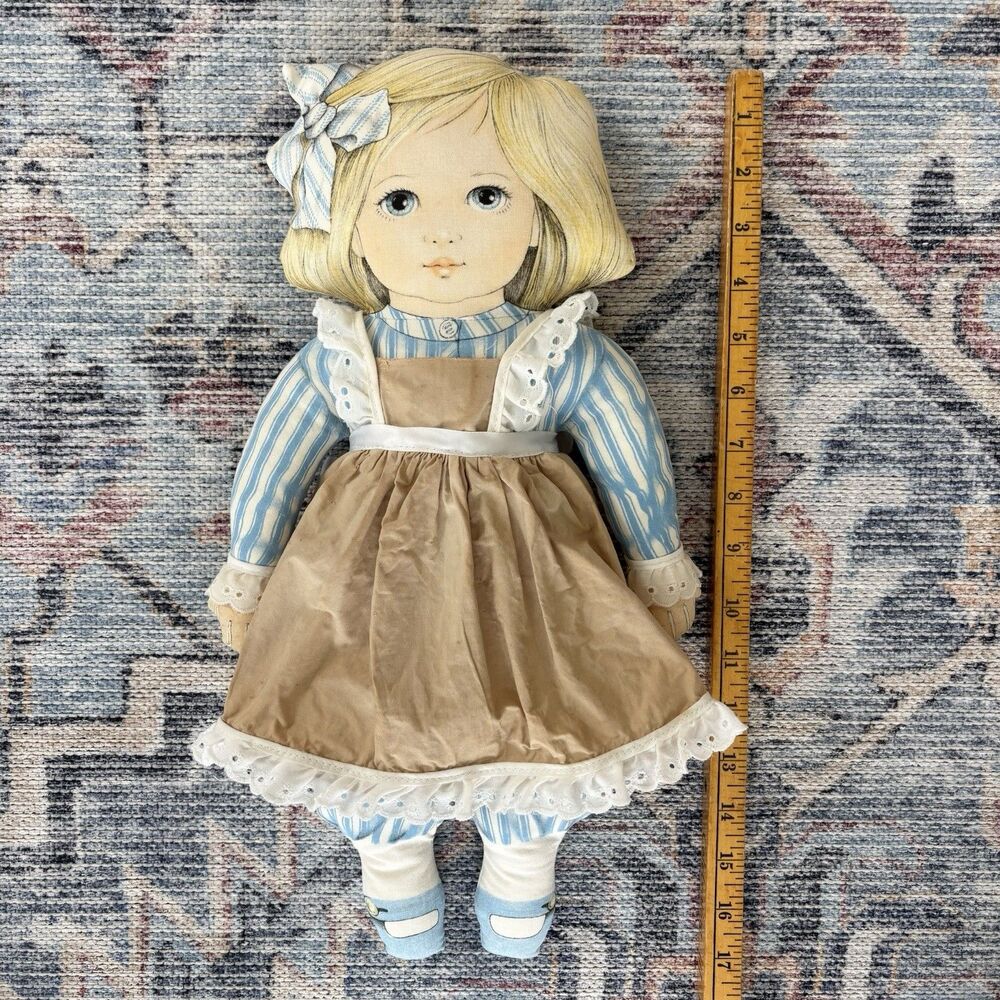 Vtg Cloth Plush Doll 1984 Toy Works Valerie Leonard Blue Stripes Pinafore Blonde - Picture 4 of 16